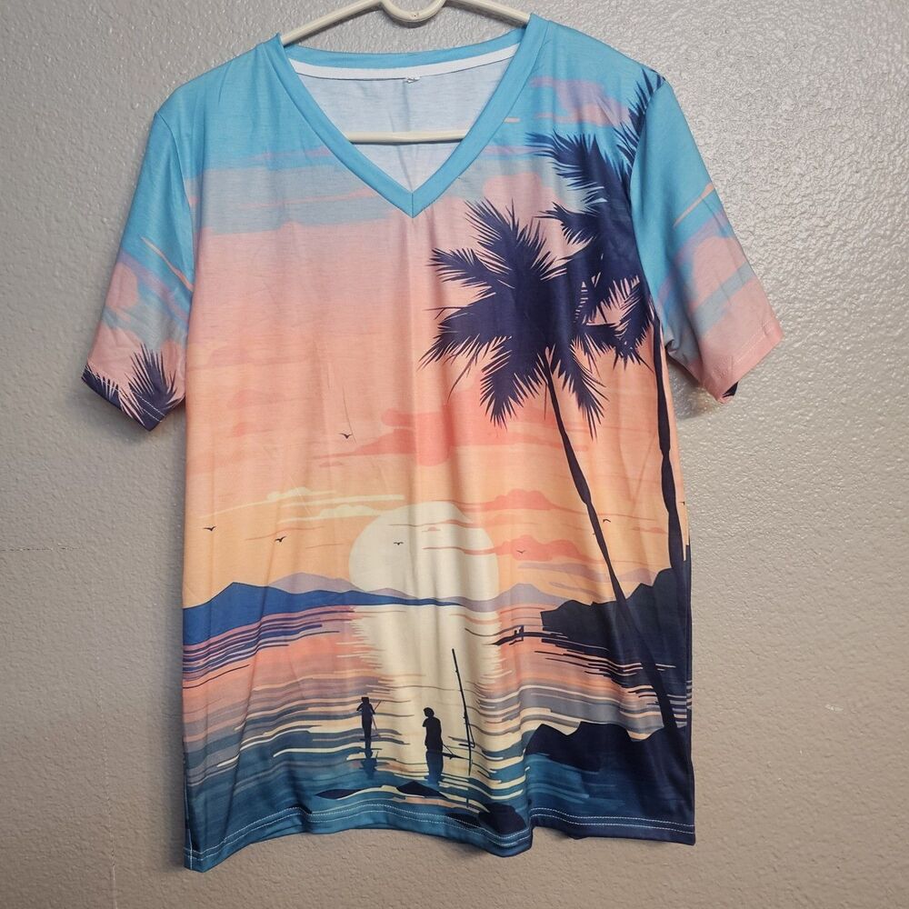 Women’s Tropical Sunset Graphic V-Neck T-Shirt Size Large Beach Palm Tree B470